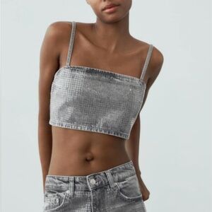 Zara Denim Crop Foil Sequin Top XL